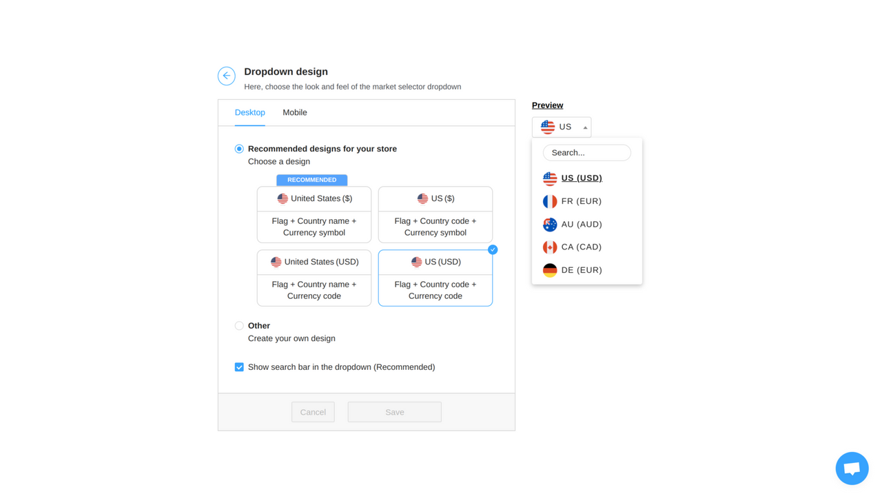 Market Selector Settings