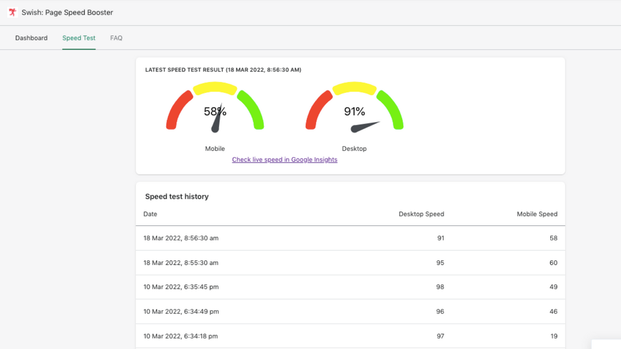 Shopify store page speed live results from swish