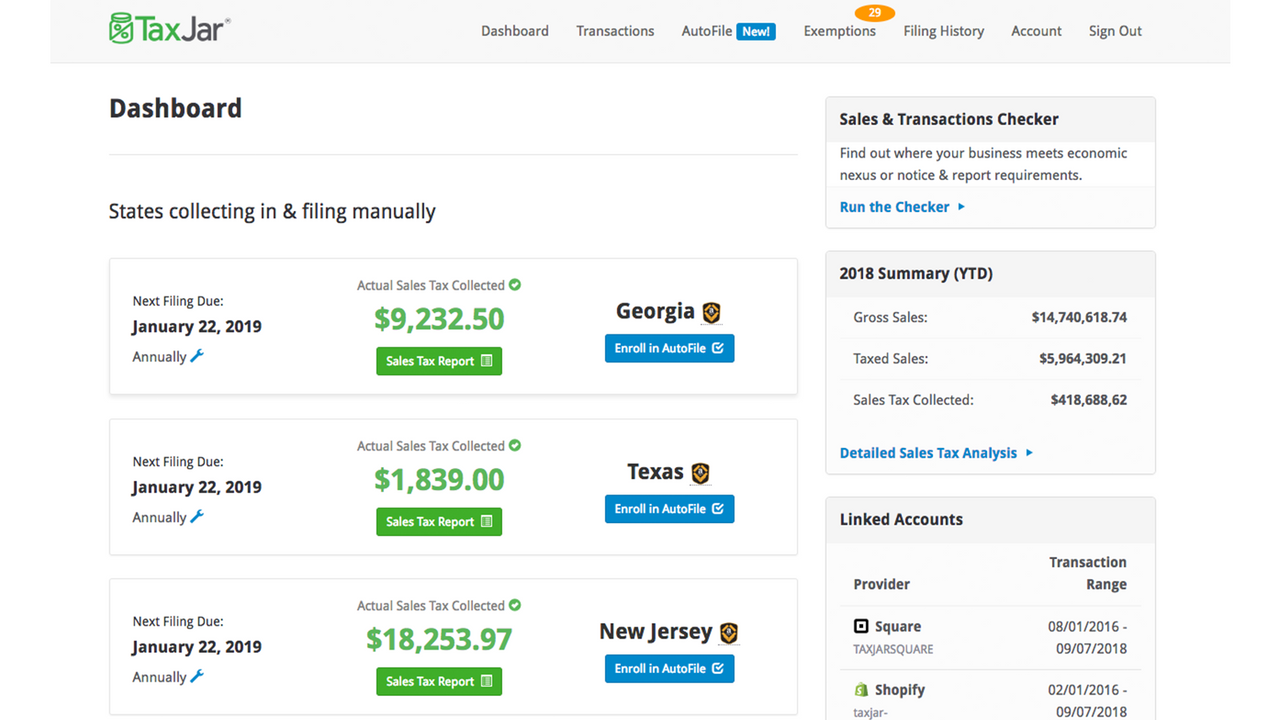 TaxJar Sales Tax Dashboard