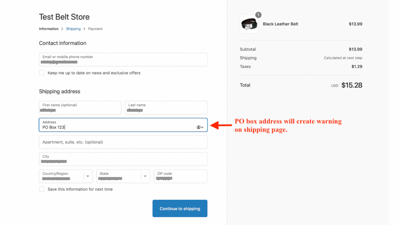 PO box addresses will create error on shipping page.