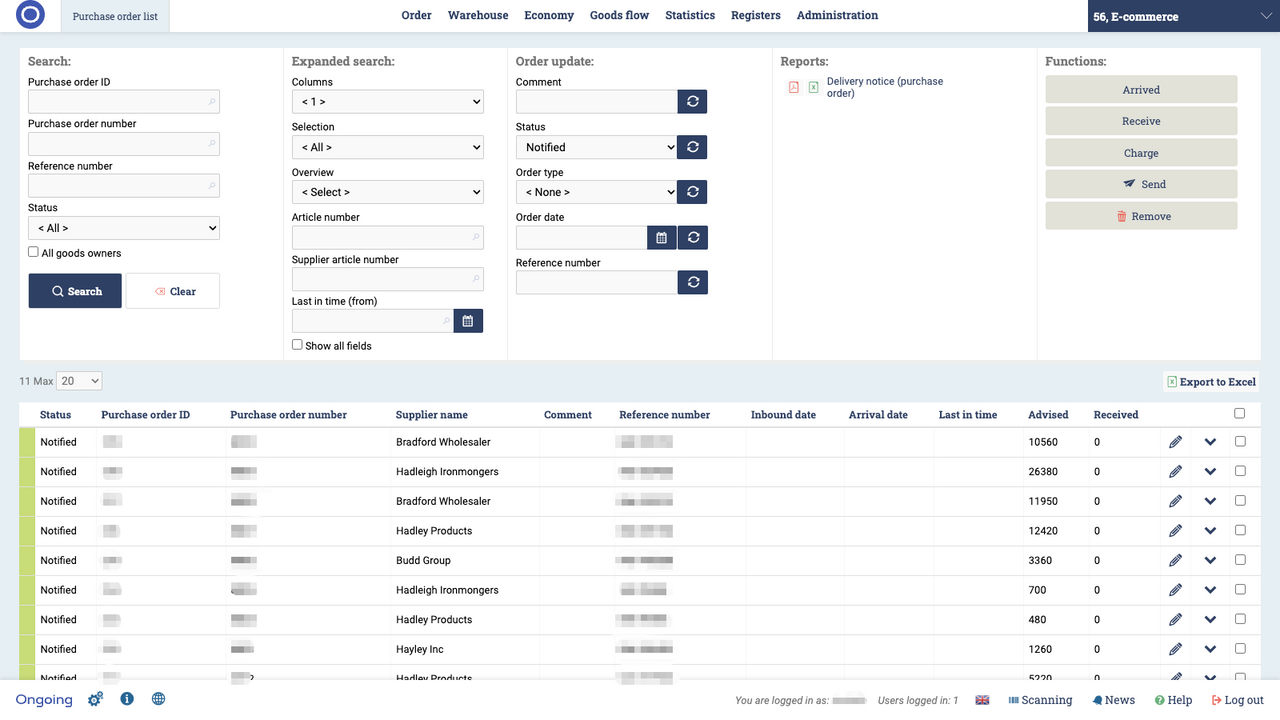 Ongoing WMS purchase order list helps you with your purchases.