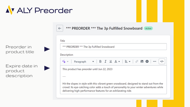 Shopify admin: preorder in product title and description