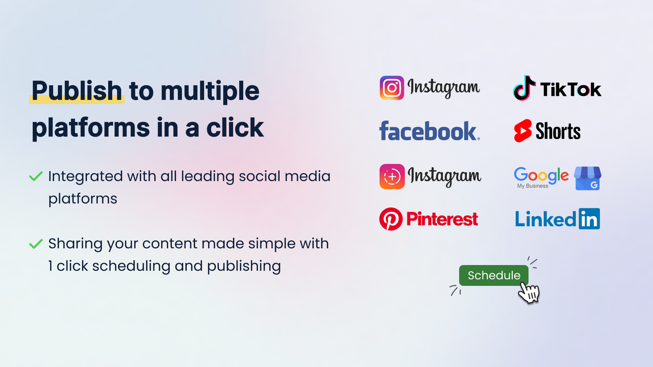 publish posts to Instagram, Facebook, TikTok, Pinterest, Google