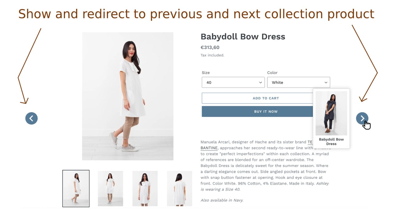 Show and redirect to previous and next collection product