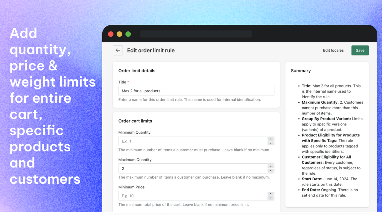 Add quantity, price & weight limits for entire cart or products