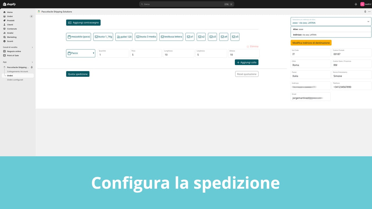 Configura la spedizione