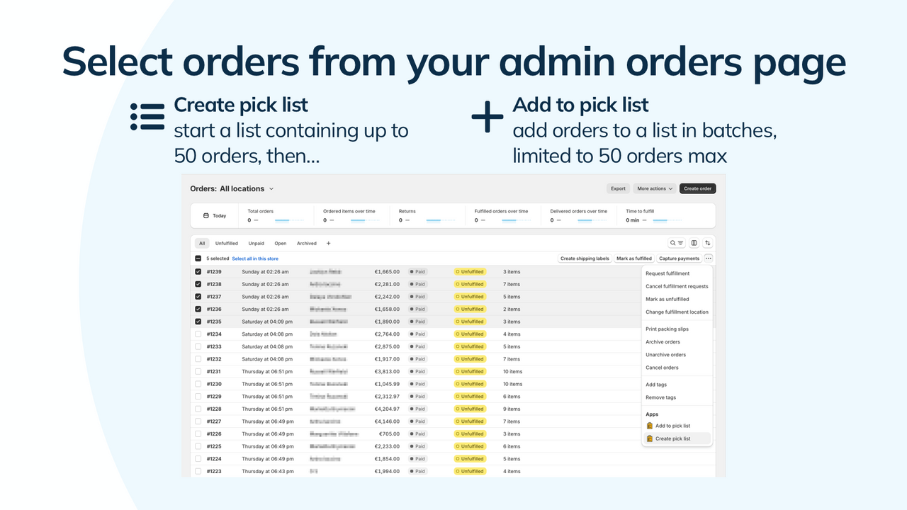 Select orders for the pick list