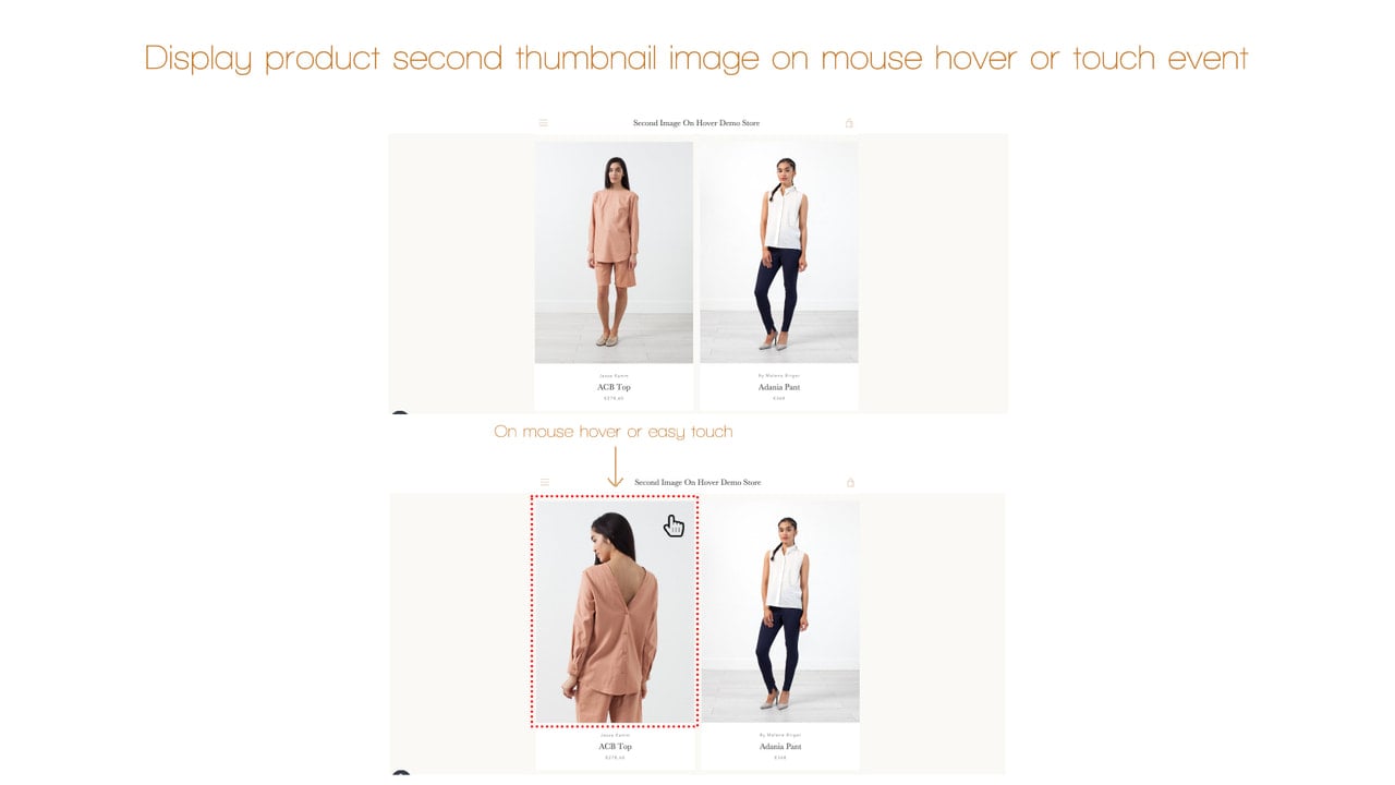 Display product second thumbnail image on mouse hover, or touch