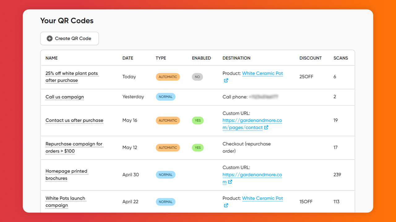 Simple and intuitive interface to create and manage QR Codes