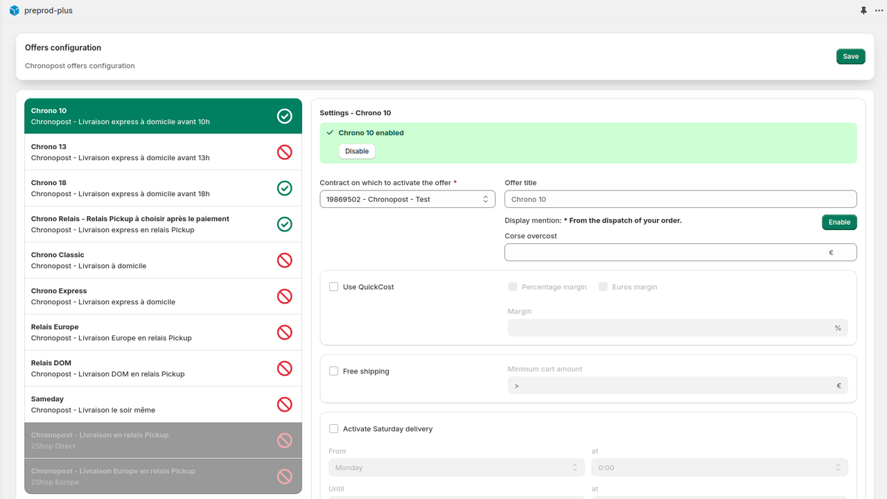 Settings of offers to display in the order tunnel