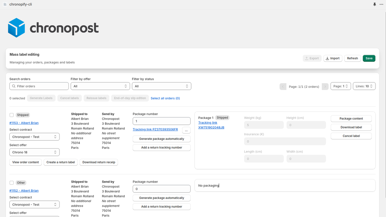 Management of transport labels: creation, tracking, return