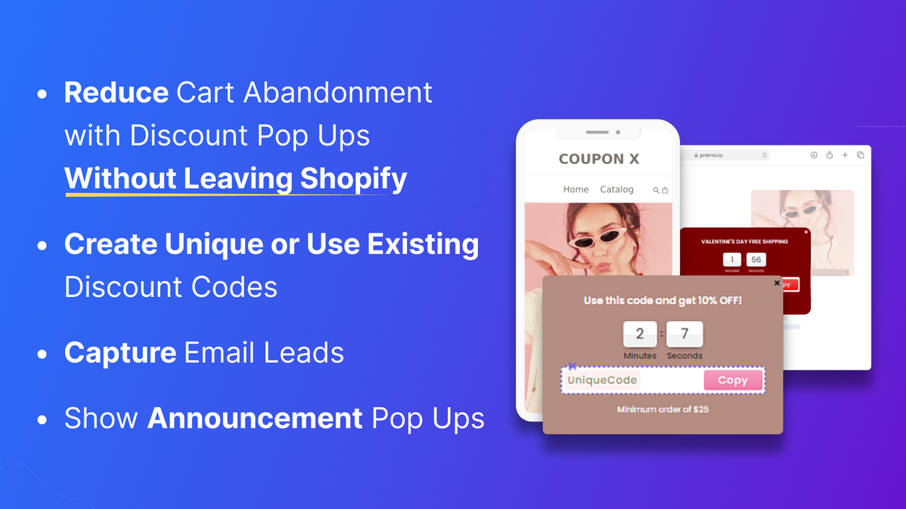 Create beautiful discount pop ups and reduce cart abandonment