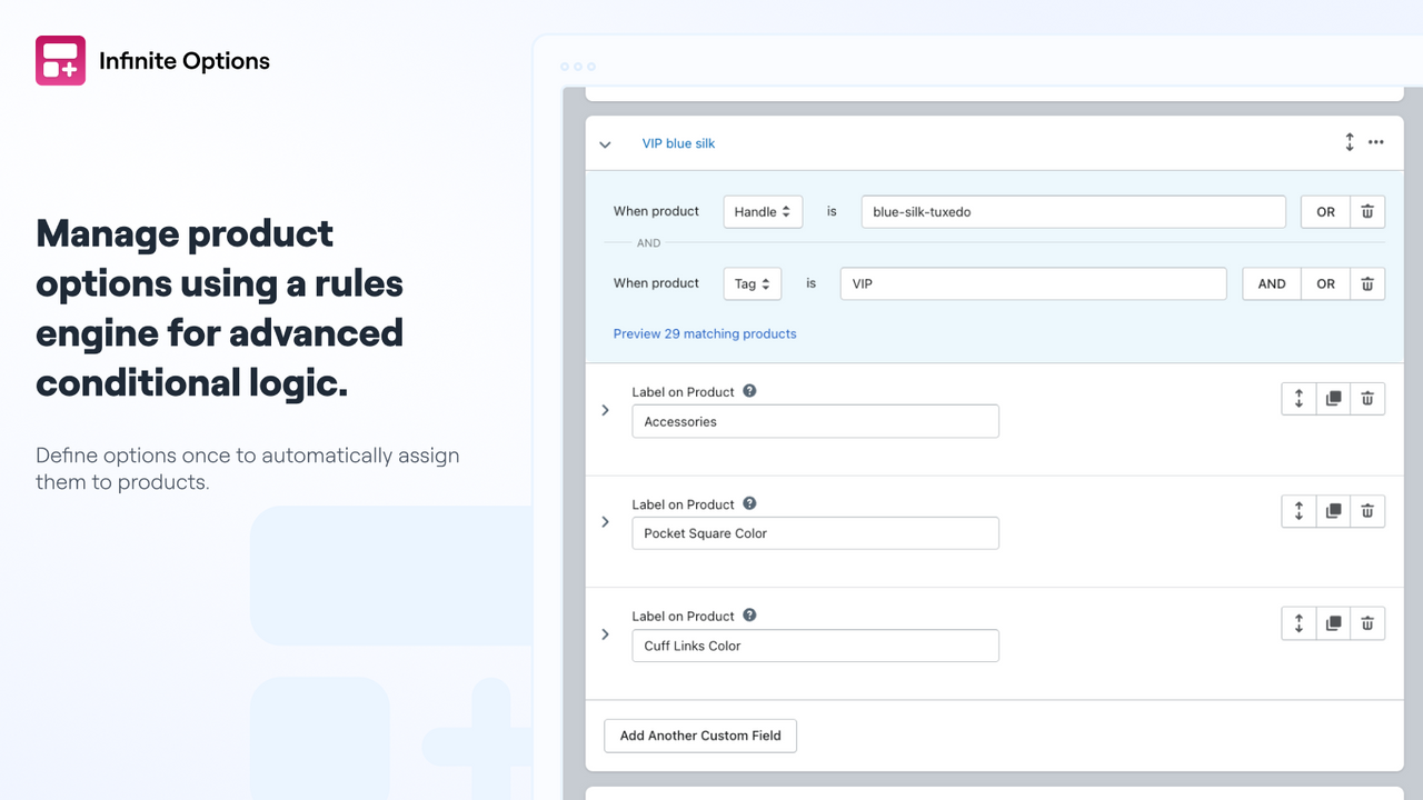 Manage product options using a rules engine for advanced conditi