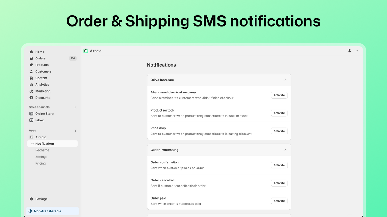 Order and Shipping SMS notifications list