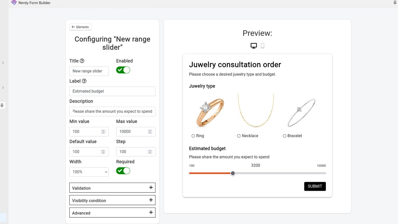 Variety of form field types. Such as range, imagepick, date, etc