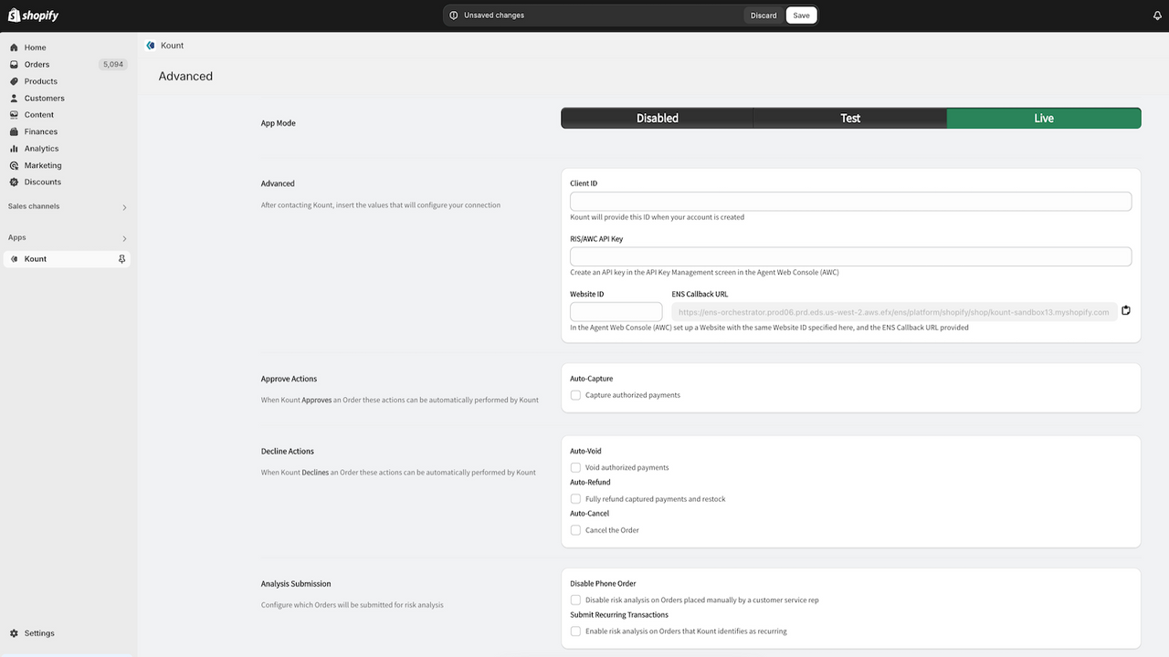 Our app config page on the Shopify store admin panel.