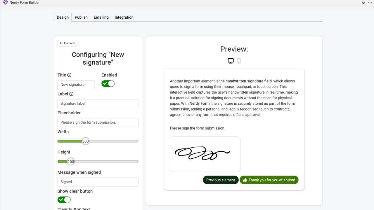 Signature field allows users to sign a form submission.