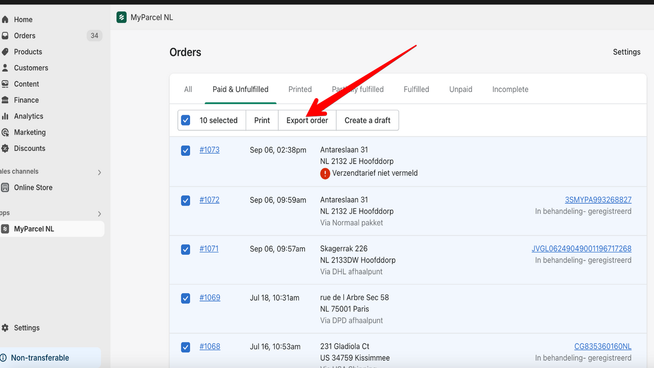 Bulk action for export orders to the MyParcel backoffice