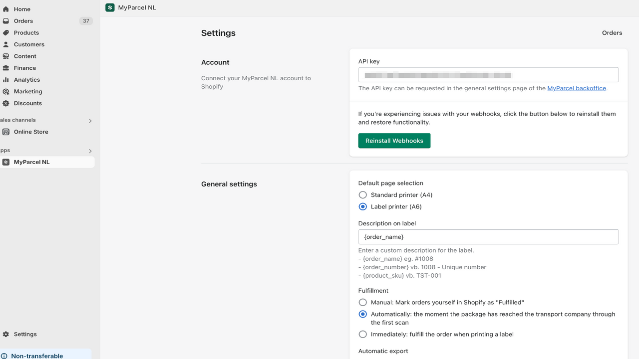 API settings and shipment options