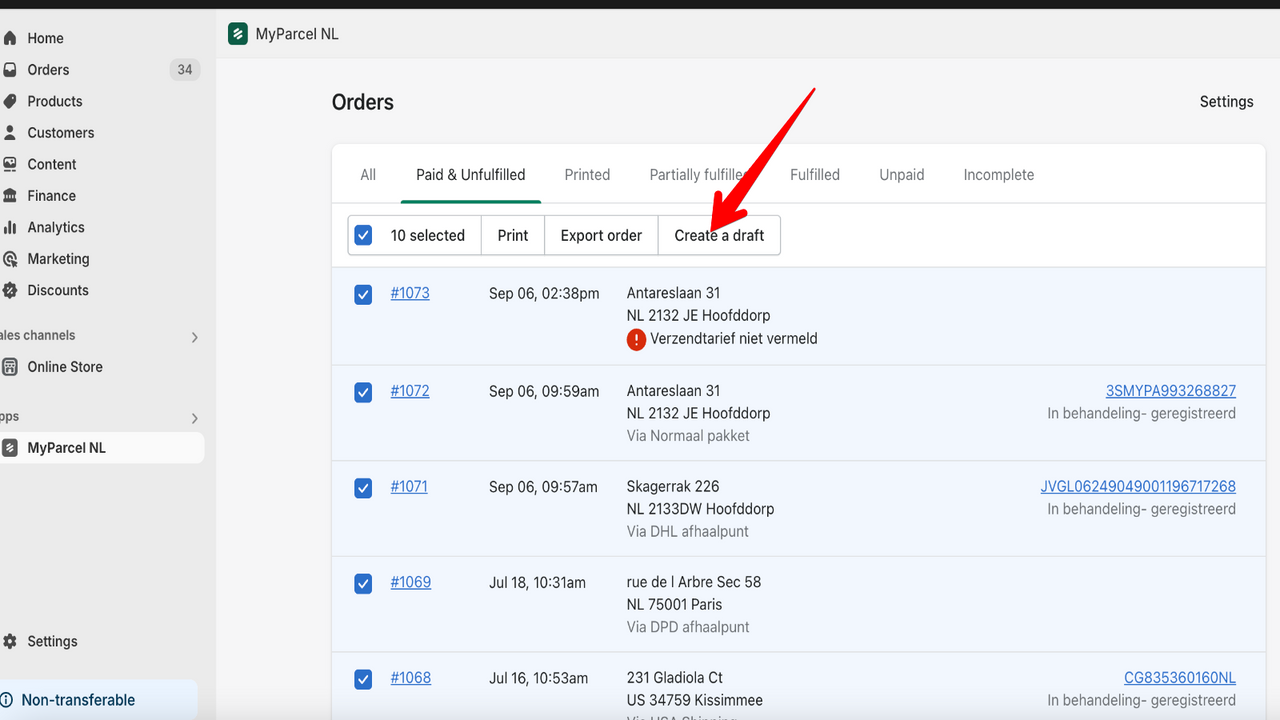 Bulk action export orders as draft to the MyParcel backoffice