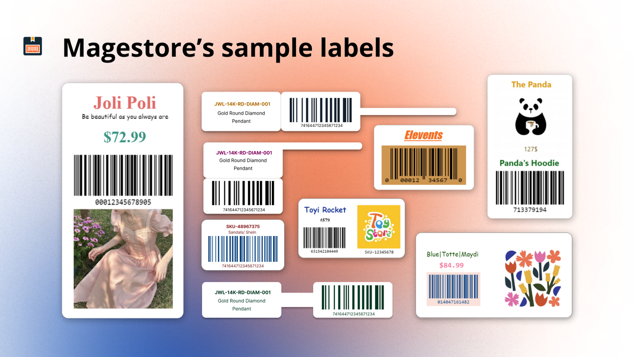 Sample barcode labels created with Magestore Barcode Generator