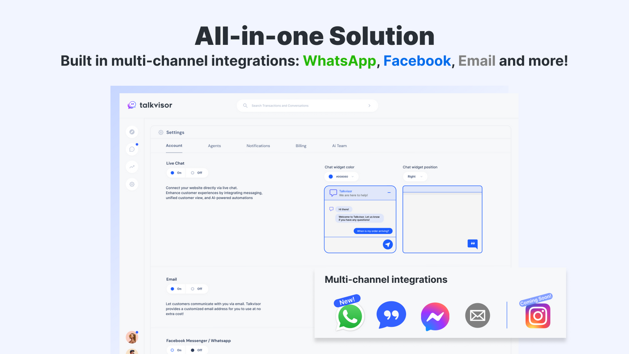 Multi-channel integrations: Email, Facebook Messenger, WhatsApp