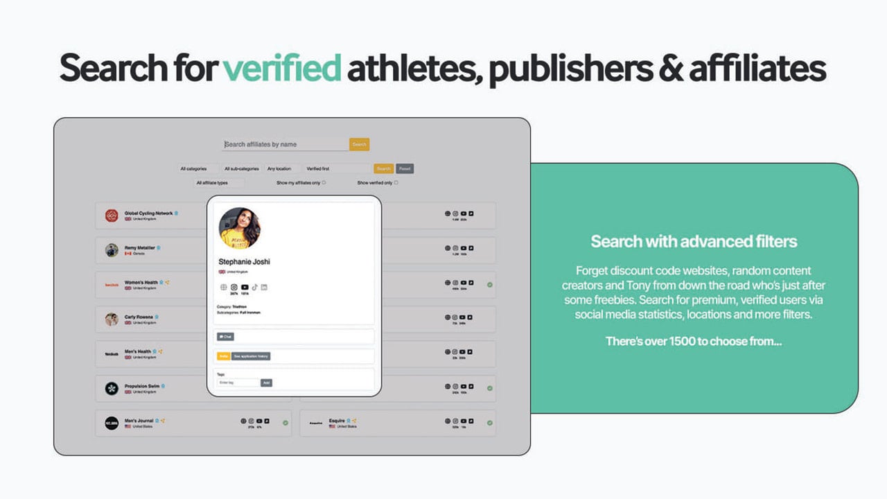 Search for verified athletes, publishers & affiliates