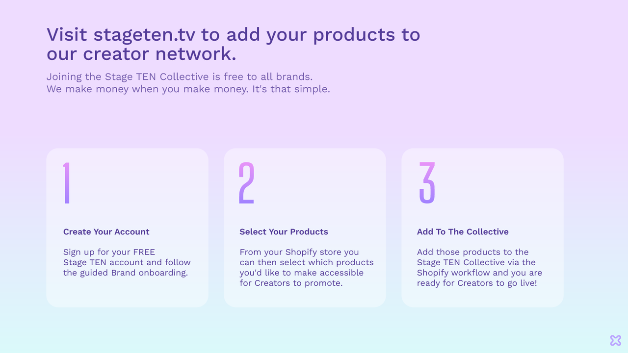 Add products to creator network at stageten.tv