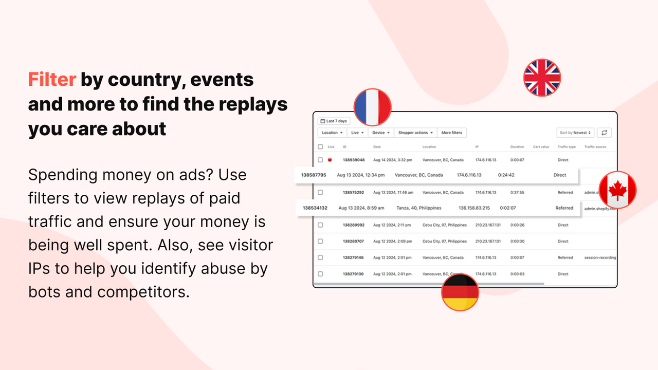 Filter replays by country, traffic type, cart value & more.