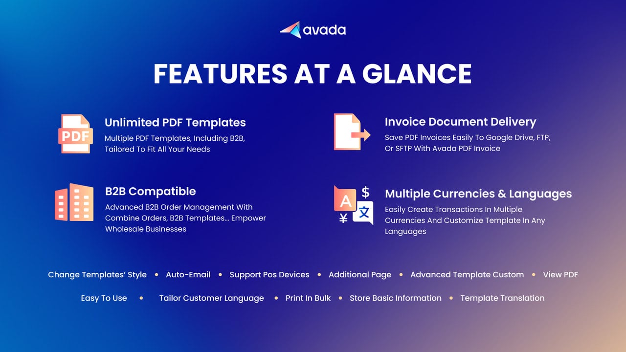 Features of Avada PDF: unlimited templates, B2B, multi-currency