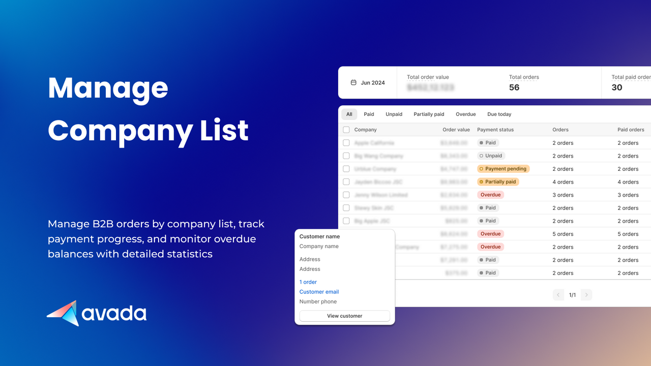 Manage B2B orders by company list, track payment, balances