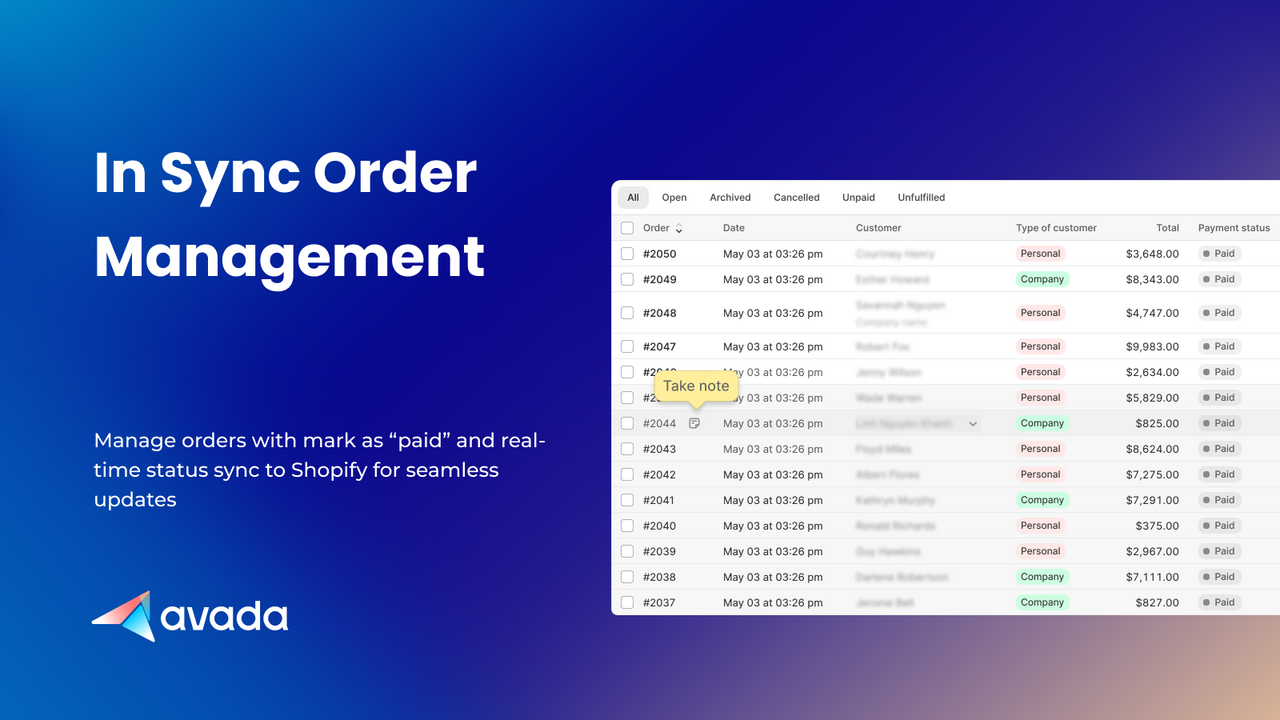 Manage orders with mark as “paid” and status sync to Shopify