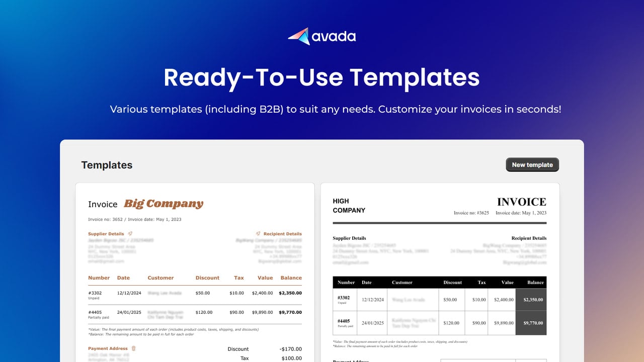 Ready-to-use customizable PDF invoice B2B templates