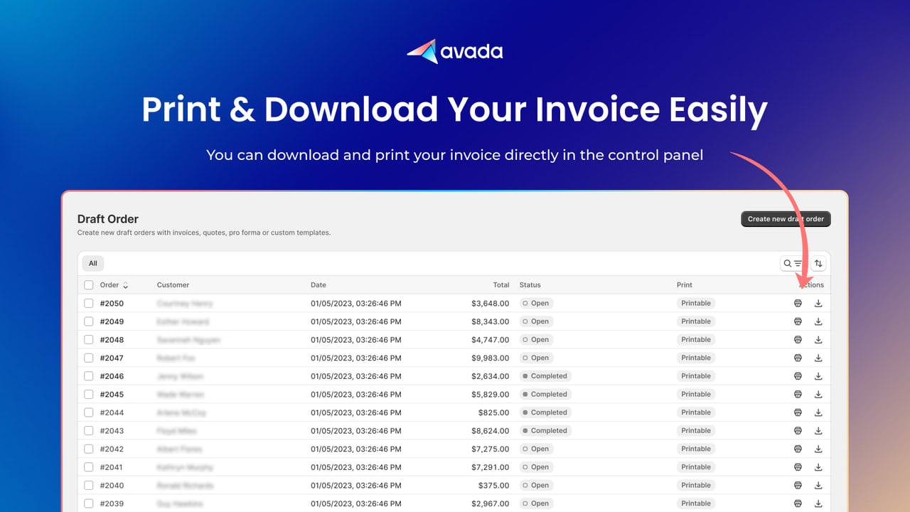 Print and download invoices easily from the control panel