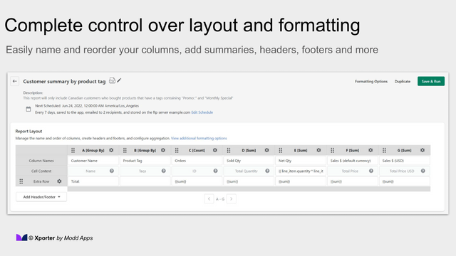 Complete control over report formatting and layout