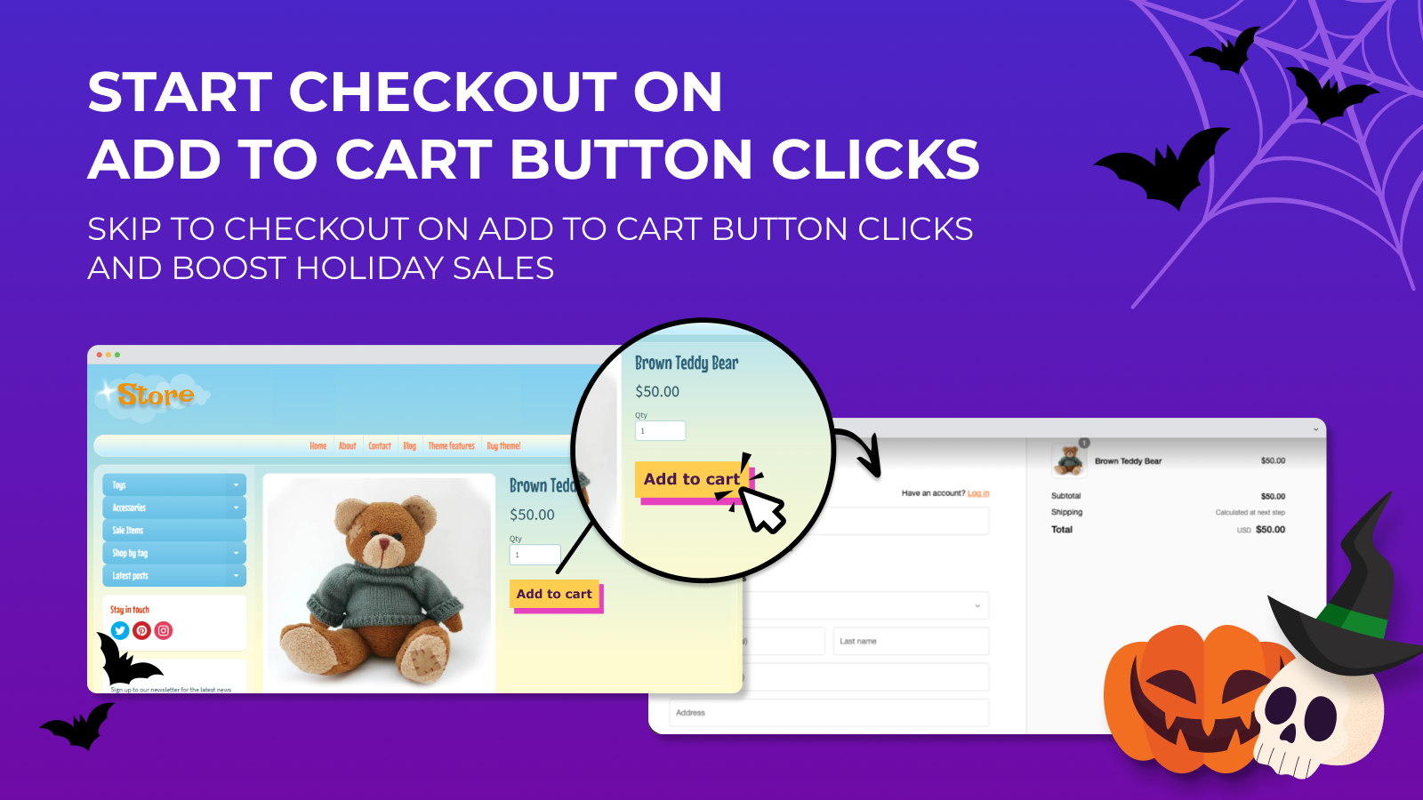 The app in action: The checkout starts after add to cart clicks