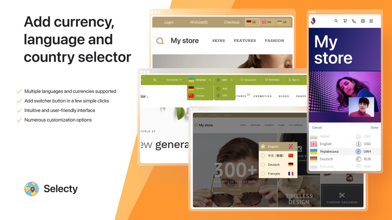 Add currency, language and country selectors