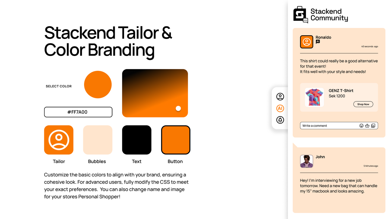 Stackend Tailor & Color Branding tool UI.