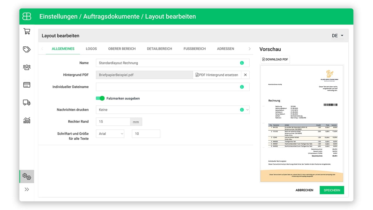 Billbee order documents interface