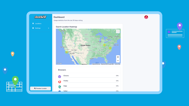 Stockbird dashboard shows a heat map of search locations.