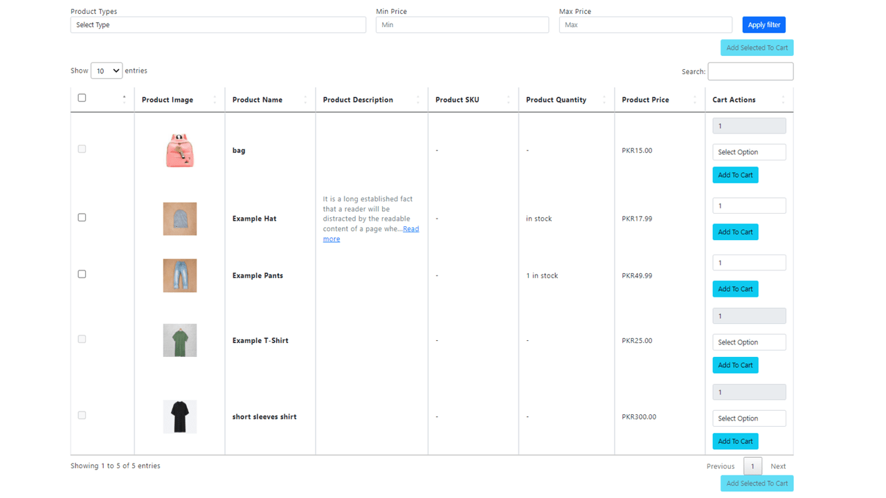 Product Table View