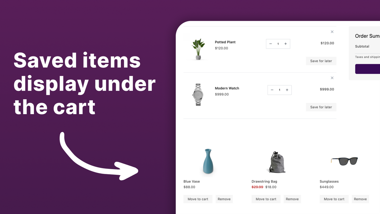 Saved items display under the cart