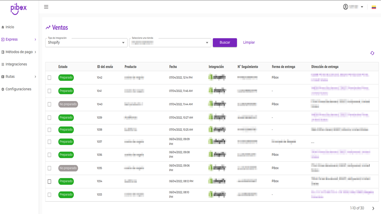 Ventas entregas por Pibox en shopify delivery