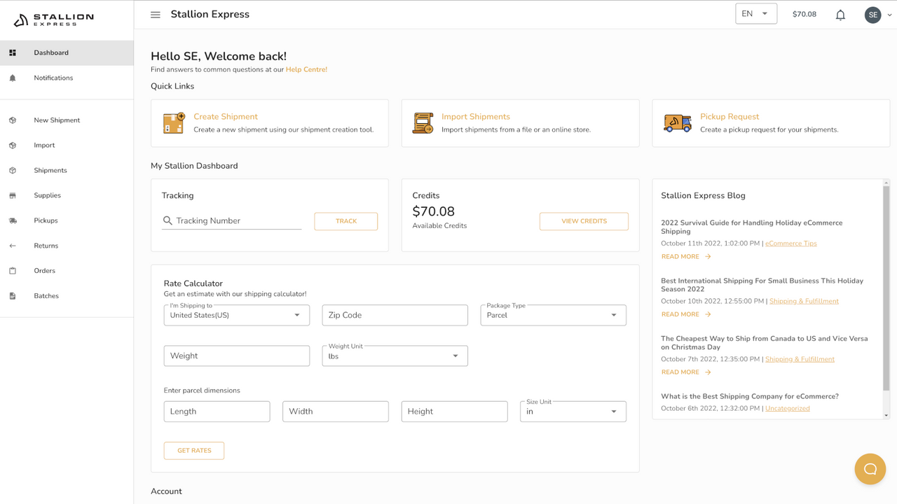 Account dashboard