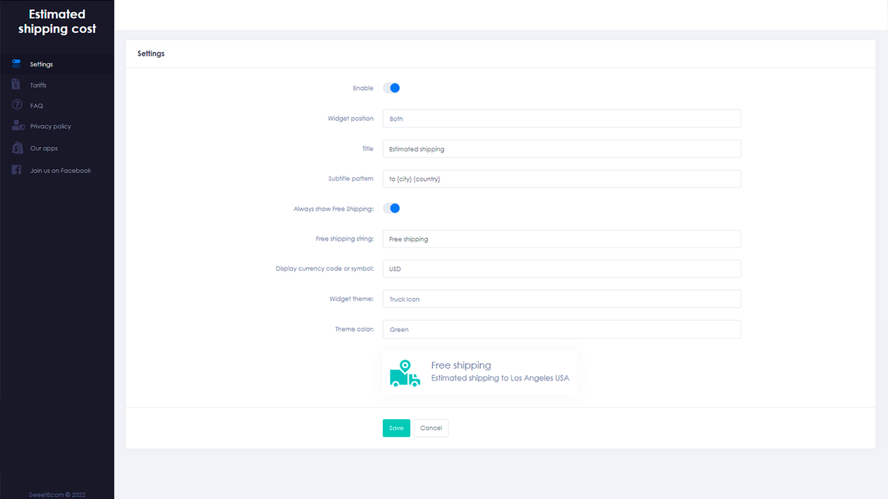 Shipping cost settings