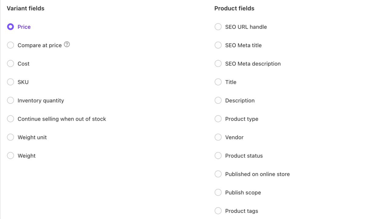 Price, cost, sku, SEO, inventory, vendor, product type fields