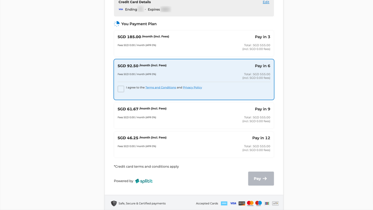 A payment form with the option to select the number of payments.