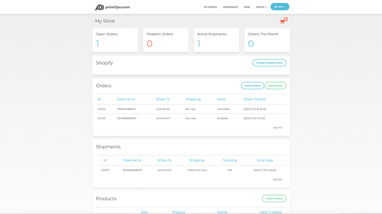 Store dashboard view