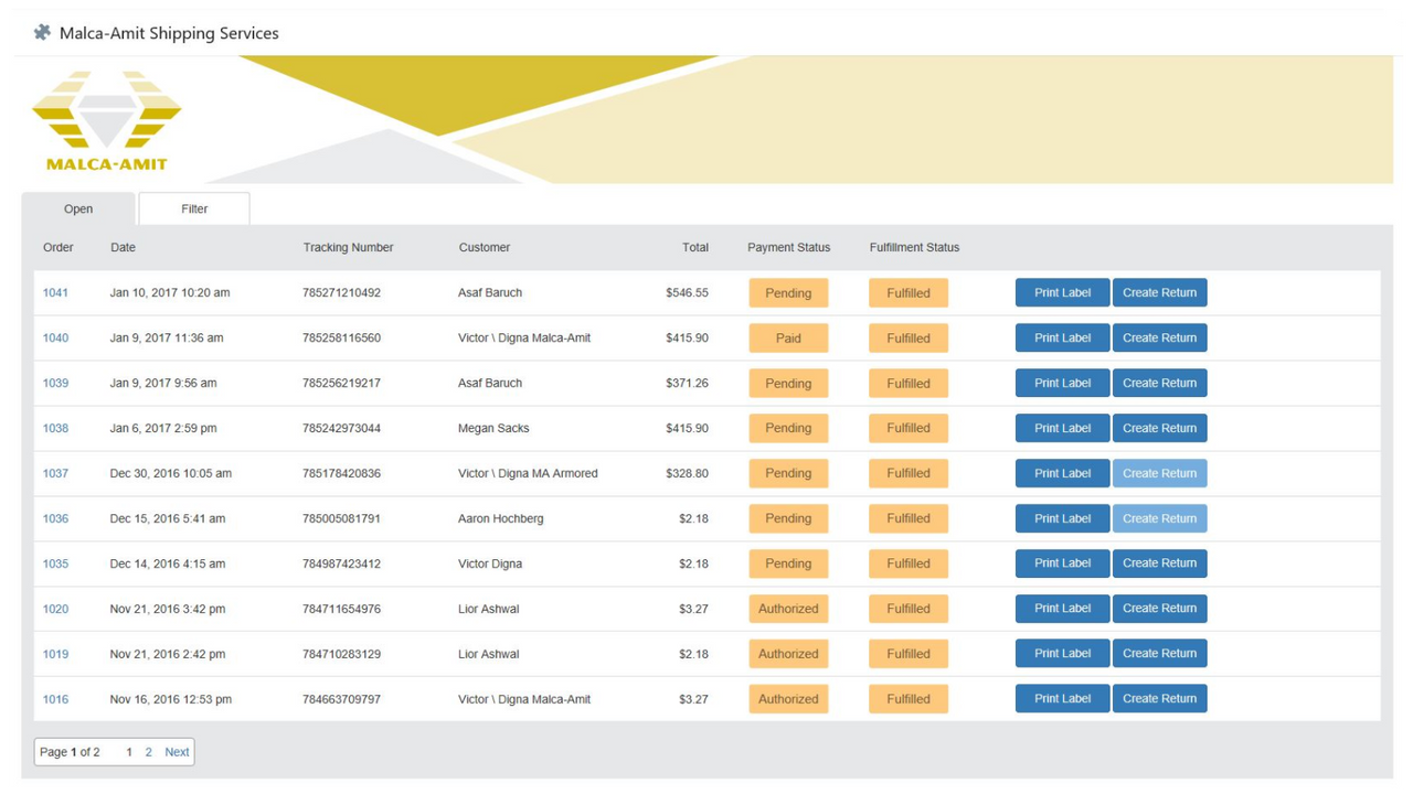 Malca-Amit Shipping Services Orders List