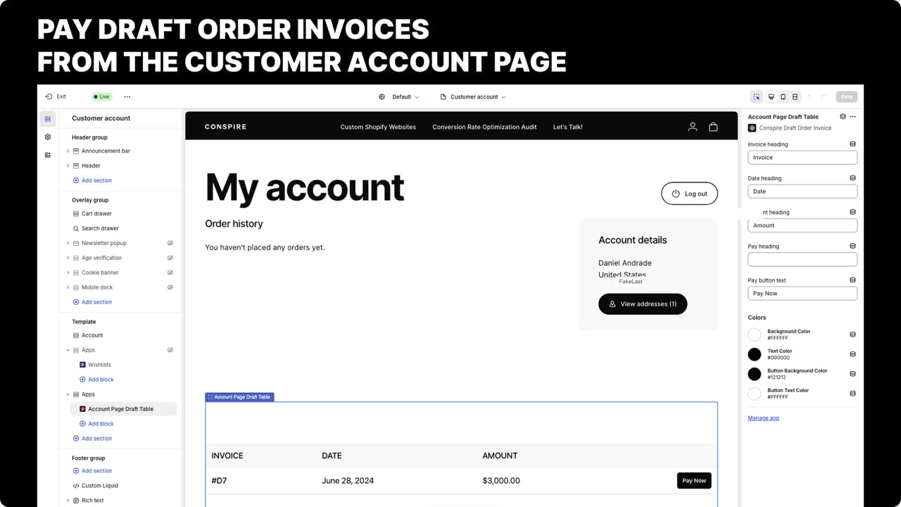 Customers can view open draft order invoices on the account page